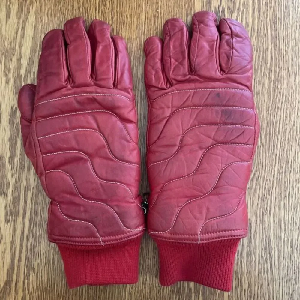Vintage Grandoe Red Leather Ski Gloves Snowboarding Winter Ladies‎ *READ*